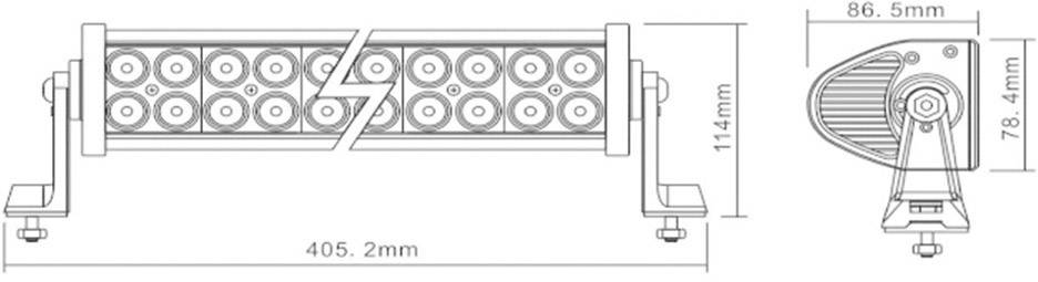 Technische Zeichnung einer LED-Lichtleiste mit den Maßen: Breite 405,2 mm, Höhe 114 mm, Tiefe 86,5 mm, seitlicher Überblick.