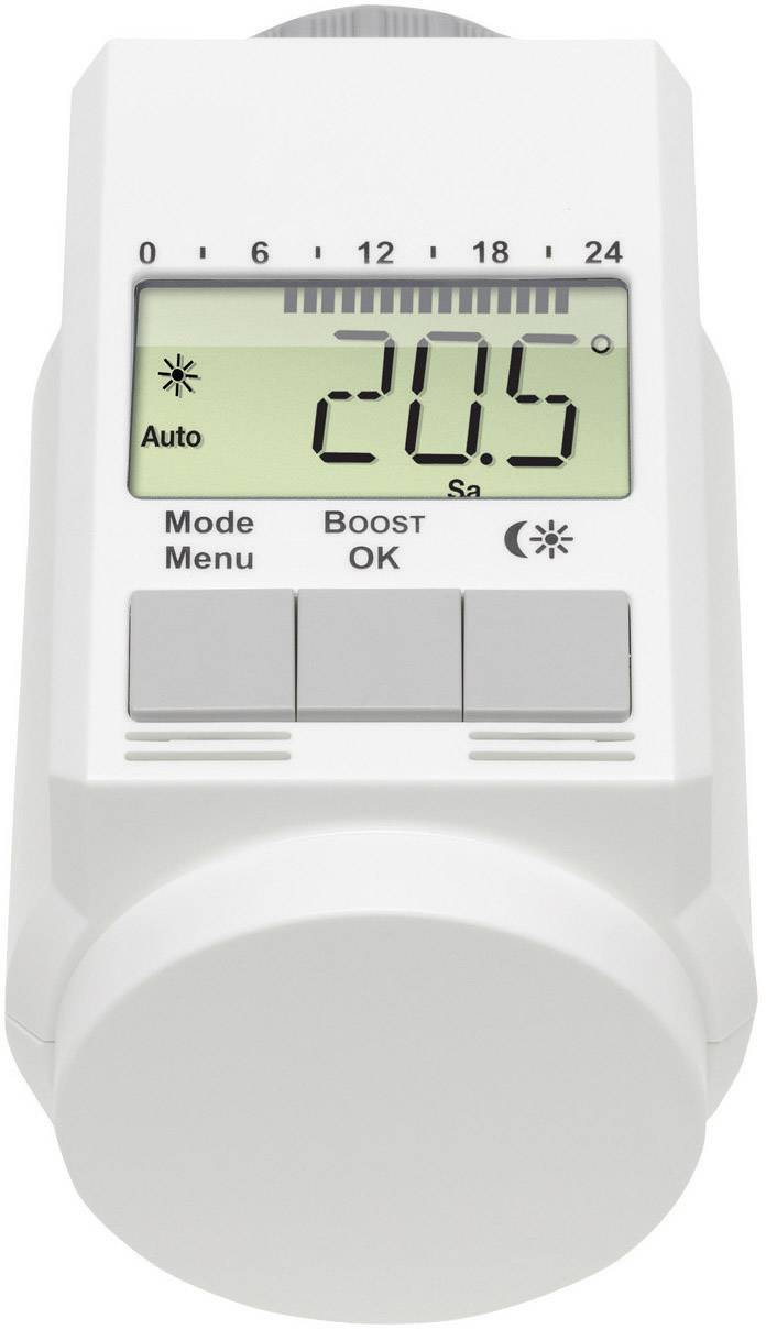 Ein digitales Thermostat zeigt 20,5 Grad Celsius, programmierbar mit Modi "Auto", "Boost", und "OK" für Heizungssteuerung.