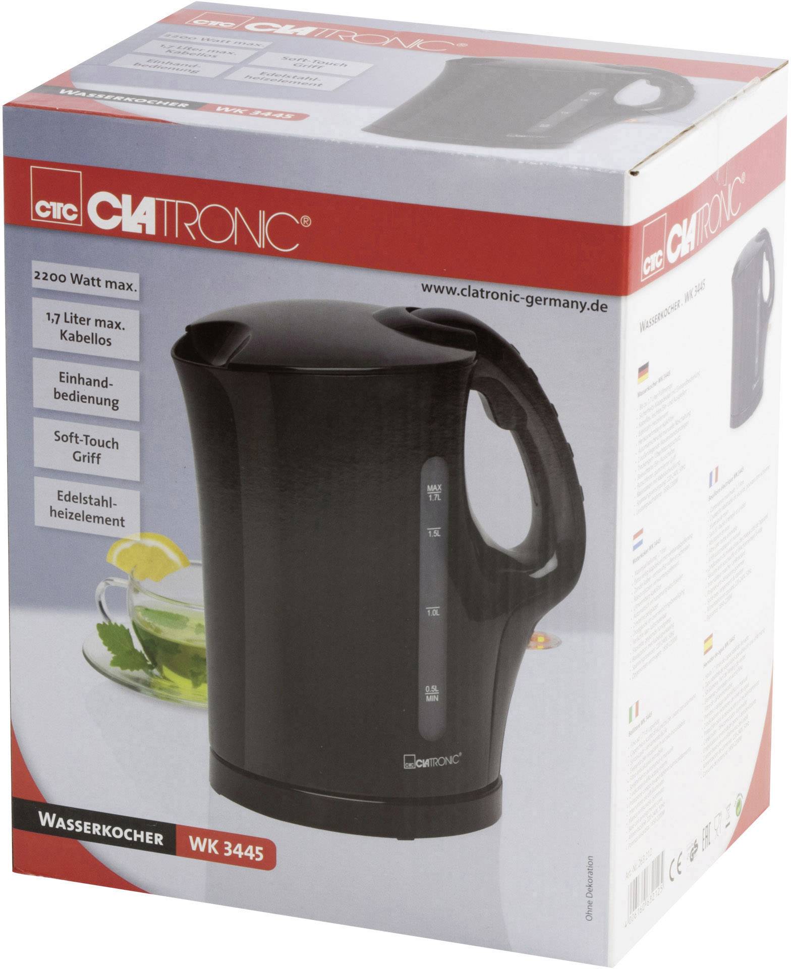 Schwarzer Wasserkocher, Marke Clatronic, Modell WK 3445, 1,7 Liter Fassungsvermögen, zeigt Produktdetails und Funktionen auf der Verpackung.