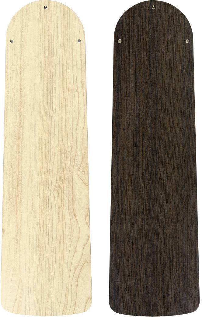 Zwei Ventilatorflügel aus Holz, links hell, rechts dunkel, nebeneinander auf hellem Hintergrund.
