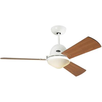 Deckenventilator mit weißem Gehäuse und drei Holzflügeln, montiert an der Decke.