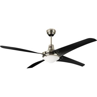 Deckenventilator mit vier schwarzen Flügeln und einer zentralen Leuchte, in einem modernen Design. Ideal zur Raumkühlung und Beleuchtung.