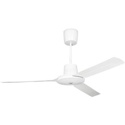 Deckenventilator mit drei weißen Flügeln, montiert an einer weißen Decke.