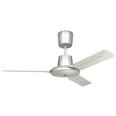 Deckenventilator mit modernem Design, silberfarben, mit drei flachen Flügeln, für Wohn- oder Büroräume geeignet.