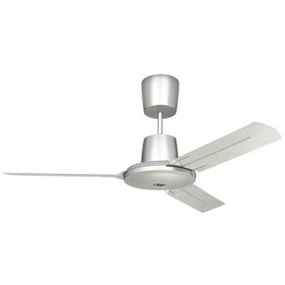 Ein moderner Deckenventilator mit drei silbernen Flügeln und einer zylindrischen Abdeckung. Er ist in minimalistischem Design gehalten.