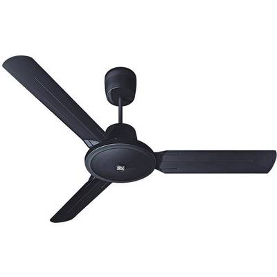 Schwarzer Deckenventilator mit drei Flügeln in Ruhestellung, hängt von der Decke ab. Geeignet für Innenraumbelüftung.
