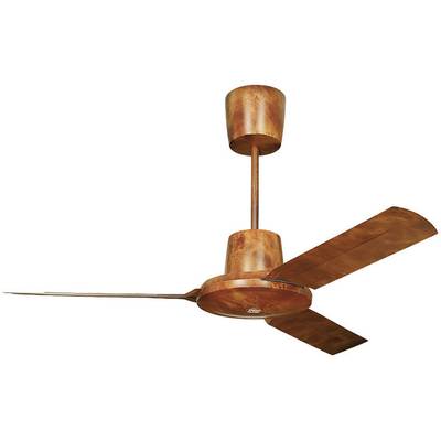 Deckenventilator aus Holz mit drei Flügeln und einem zylindrischen Motor, montiert an der Decke.
