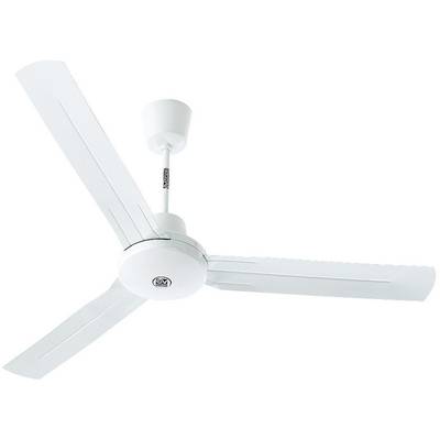 Ein weißer Deckenventilator mit drei Flügeln, der von der Decke hängt. Ideal zur Luftzirkulation in Innenräumen.
