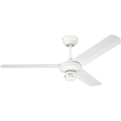 Ein weißer Deckenventilator mit drei flachen Flügeln, montiert an einer kurzen Stange mit Deckenbefestigung.
