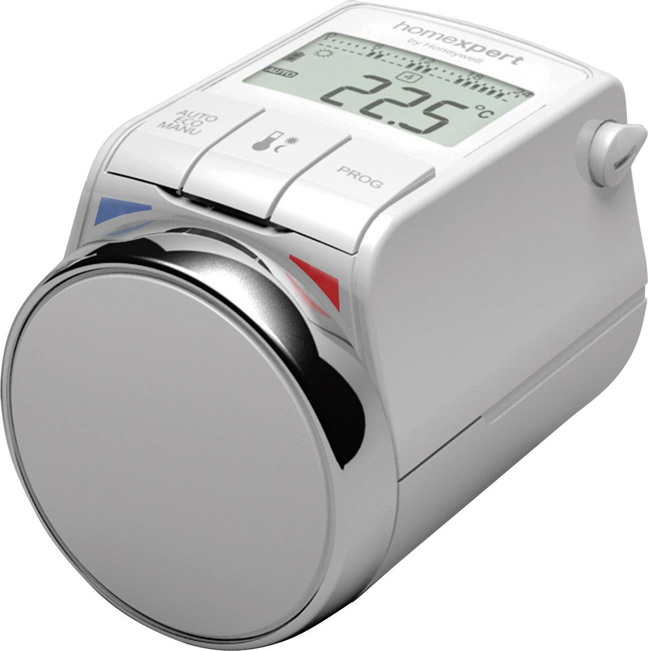 Elektronischer Heizkörperthermostat mit digitalem Display, zeigt '20.5°C'. Steuerungstasten für 'Auto', 'Manu', und 'Prog'.