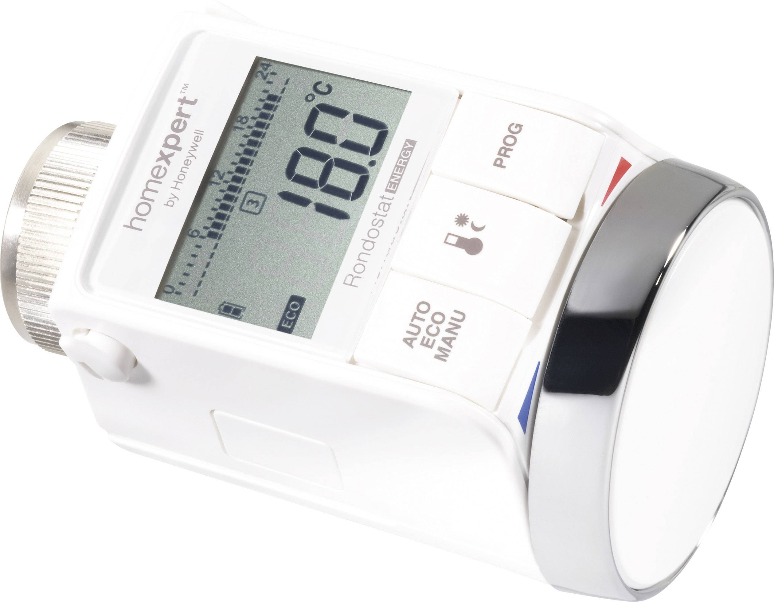 Digitales Heizkörperthermostat mit Display zeigt 18°C, eco-Modus aktiv. Tasten für Einstellungen: 'Auto', 'Eco', 'Manu'.