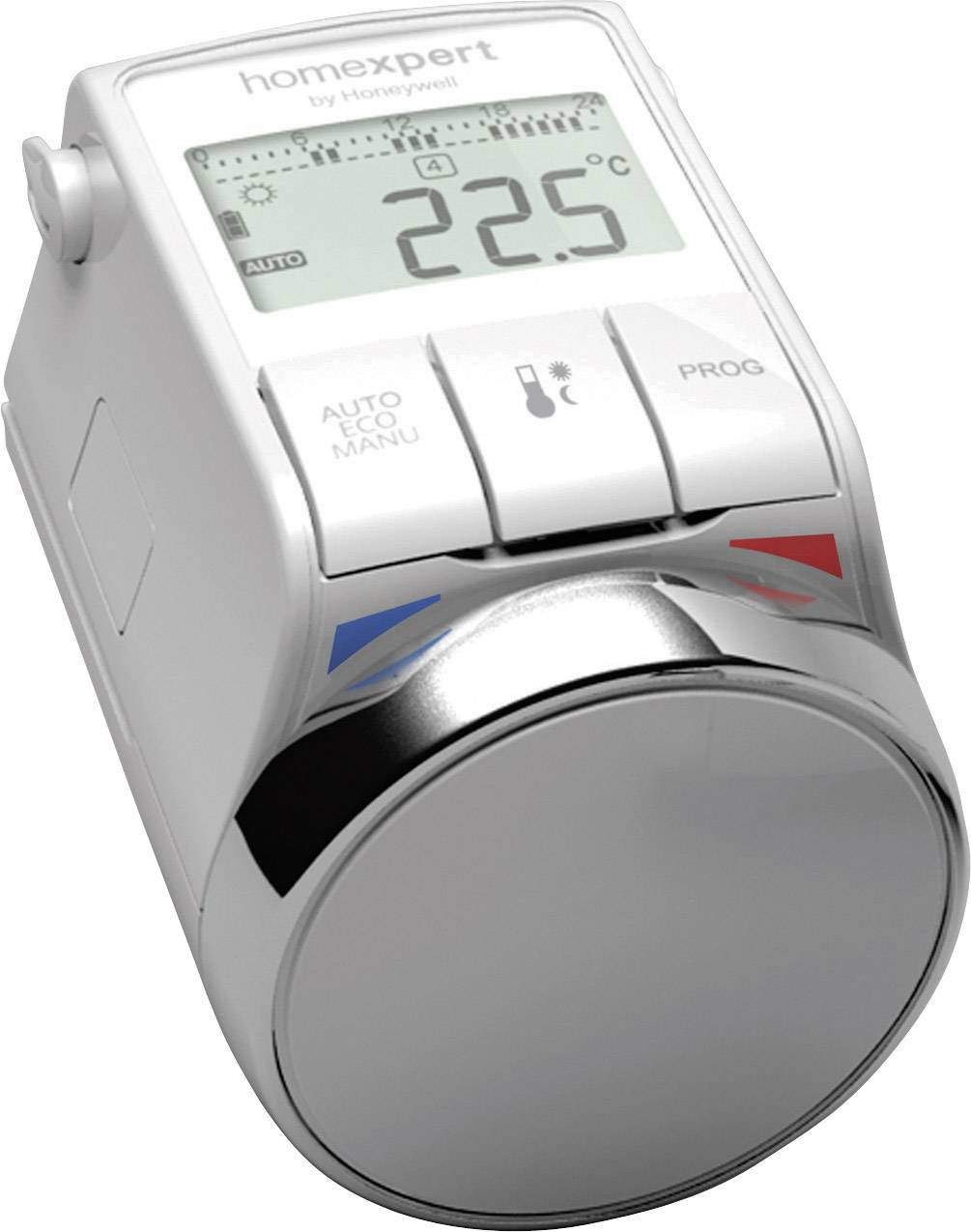Raumthermostat zeigt 22,5°C an. Tasten für AUTO, ECO, MANU. Pfeile für Temperaturregelung. Digitalanzeige oben.