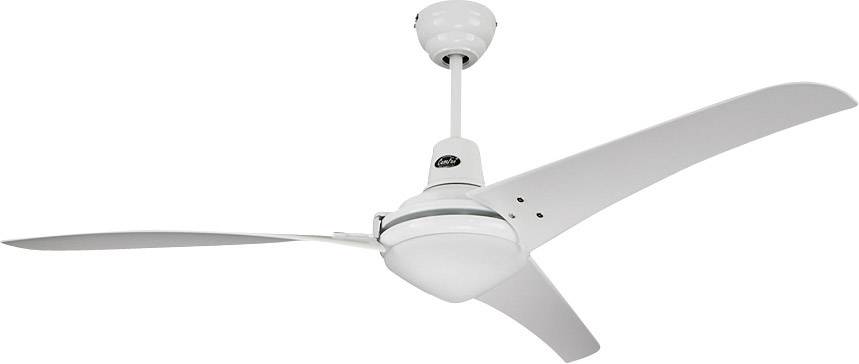 Ein weißer Deckenventilator mit drei Flügeln, an der Decke montiert.