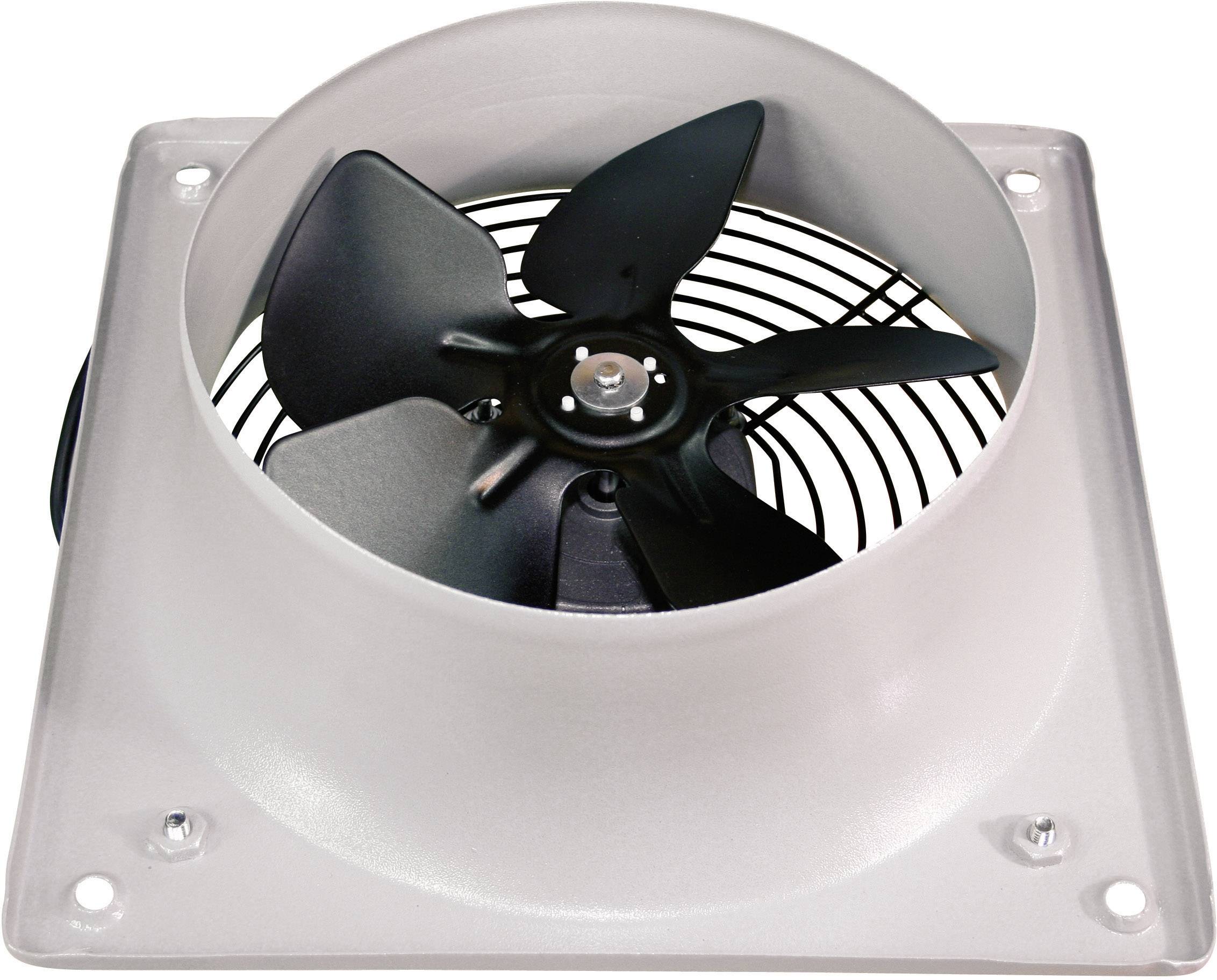 Ein quadratischer Lüfter mit einem schwarzen Propeller in einem silbernen Gehäuse sichtbar von oben.