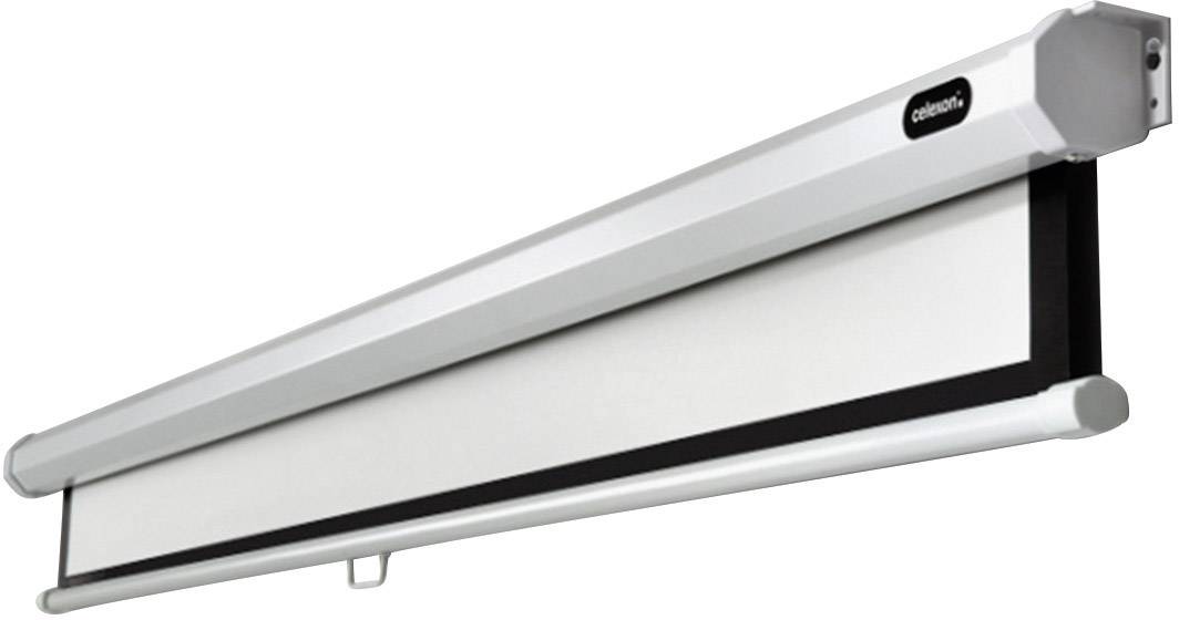 Eine weiße Projektionsleinwand in einem metallischen Gehäuse, teilweise herausgezogen, montiert an einer Halterung.