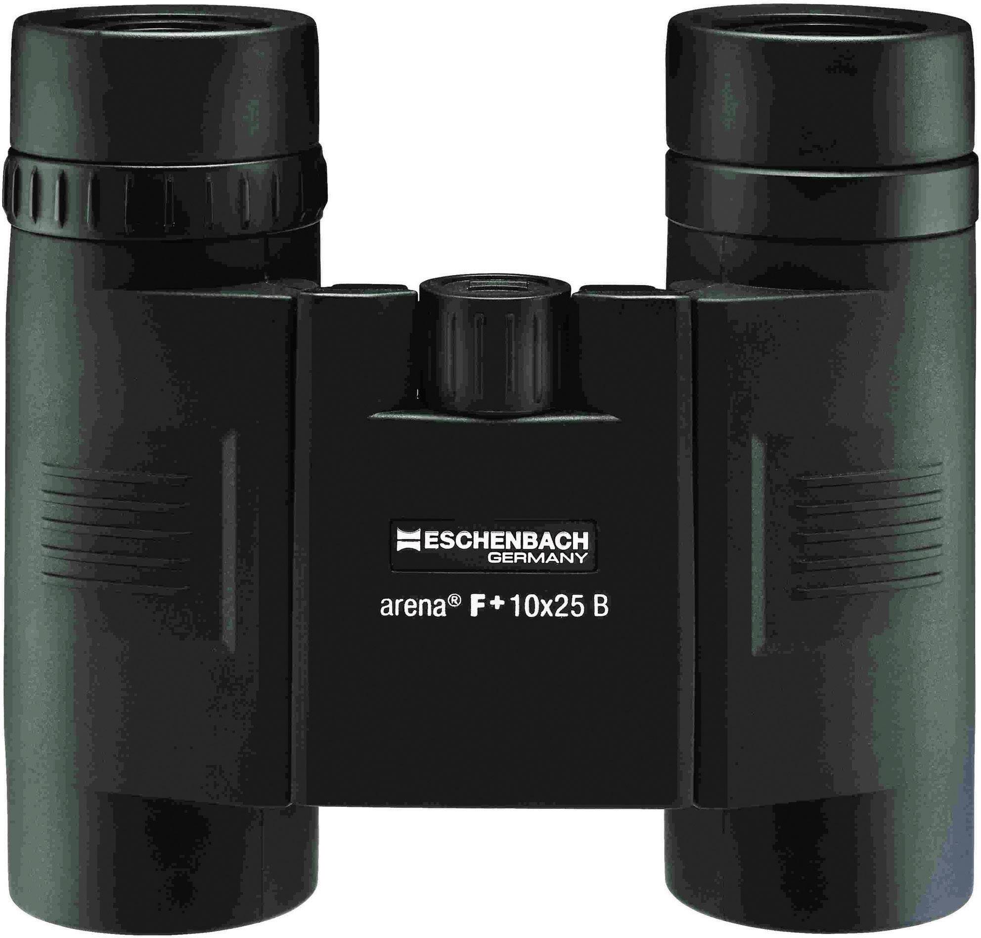 Ein Fernglas von Eschenbach, Modell 'Arena F+ 10x25 B', schwarz, kompakt, mit geriffeltem Fokussierrad in der Mitte. Geeignet für den Outdoor-Einsatz.