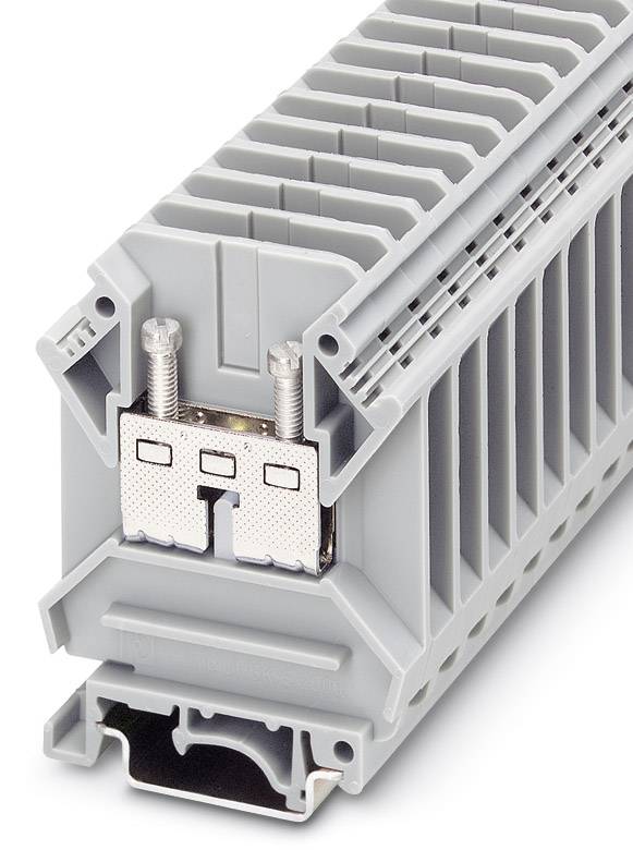 Graue Steckklemme, modular aufgebaut, mit zwei Schraubanschlüssen, geeignet zum Befestigen und Verbinden elektrischer Leiter.