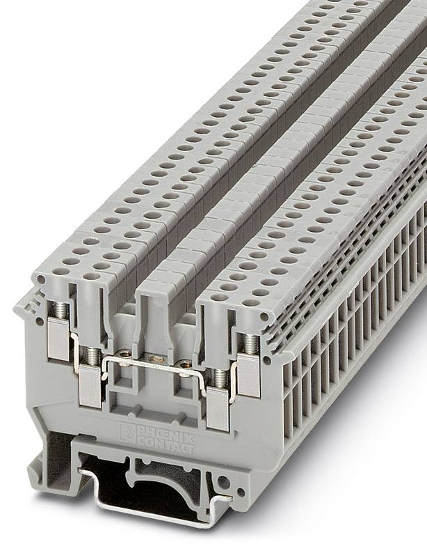 Graues Reihenklemmenmodul mit Phoenix Contact Logo, verwendet für industrielle elektrische Verbindungen und Verdrahtungen.