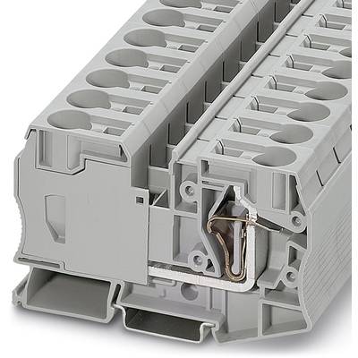 Eine graue Reihenklemme aus Kunststoff mit mehreren Anschlussmöglichkeiten für Elektrokabel, geeignet zur Befestigung auf Trageschienen.
