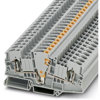 Graues, mehrschichtiges elektrisches Klemmenblockmodul mit orangefarbenen Bauteilen, zur Verbindung von Drähten in Schaltschränken.