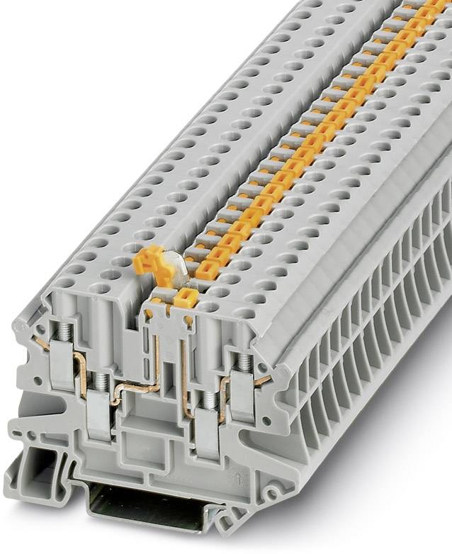 Graues Reihenklemmen-Modul mit orangenen Klemmen für elektrische Verbindungen in Schalttafeln. Geeignet für industrielle Anwendungen.