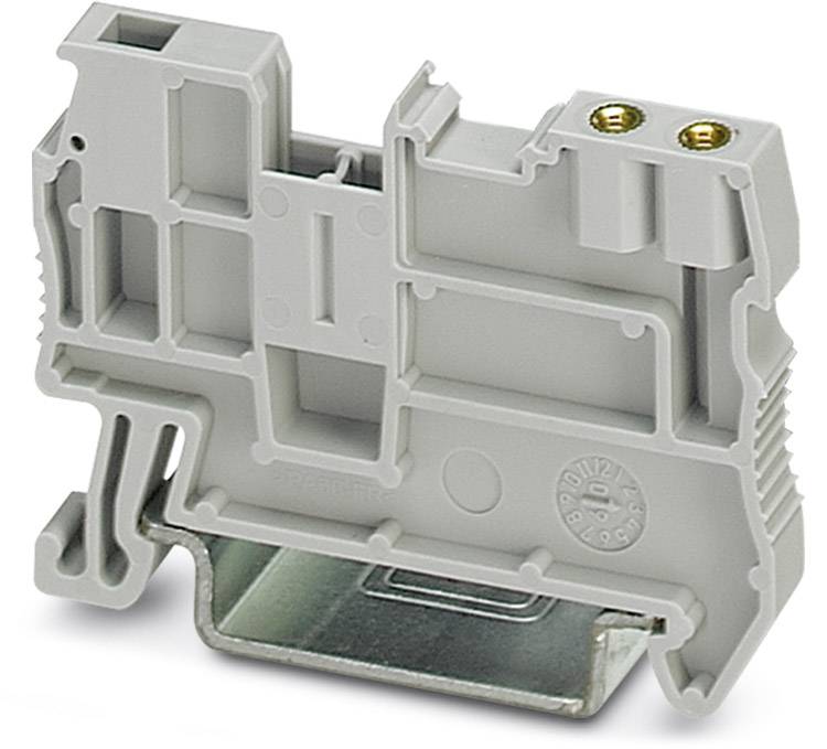 Ein grauer elektrischer Klemmenblock mit einem Metallfuß zur Befestigung auf einer Schiene, verwendet in elektrischen Schaltungen.