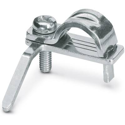 Metallische Kabelklemme mit Schraube und Halterung, dient zur Befestigung von Kabeln auf einem Untergrund.