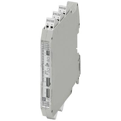 Elektronisches Modul zur DIN-Schienenmontage, grau, mit mehreren Anschlussklemmen oben, seitliche Anschlüsse und Schalter.