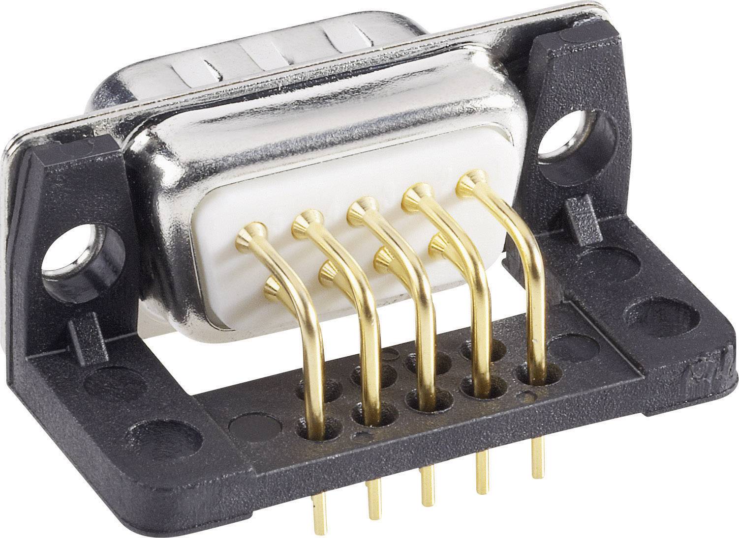 Ein elektrischer Steckverbinder mit fünf goldenen Pins in einer schwarzen Kunststofffassung.