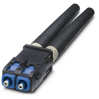 Ein schwarzer LC-Duplex-Stecker mit blauen Anschlüssen und metallenen Endkappen, verwendet für Glasfaserkabelverbindungen.