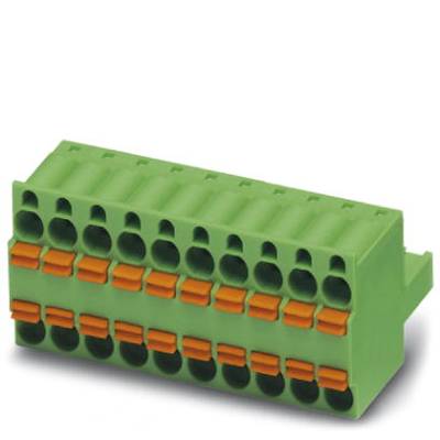 Grüner Steckverbinder mit mehreren Anschlussklemmen und orangenen Betätigungselementen, geeignet für elektrische Verbindungen.