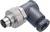 Ein rechtwinkliger Industrie-Steckverbinder mit Metallschraubverschluss und Kunststoffgehäuse.