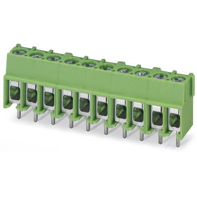 Grüne elektrische Anschlussklemme mit 10 Schraubanschlüssen, geeignet für die Verbindung mehrerer elektrischer Drähte.