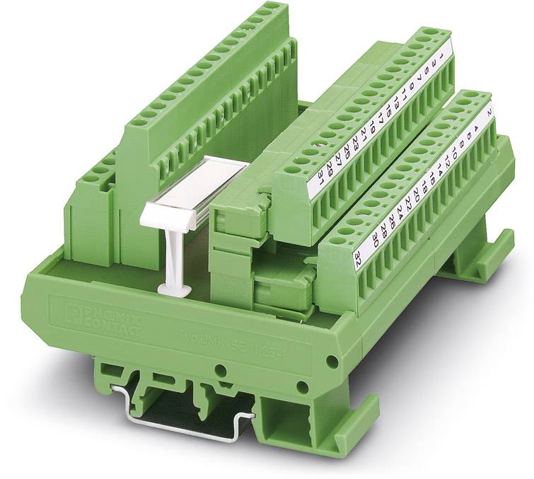 Grüner, modularer Klemmenblock zur Verdrahtung in Schaltschränken; zeigt Anschlussmöglichkeiten und Befestigungselemente für DIN-Schienenmontage.