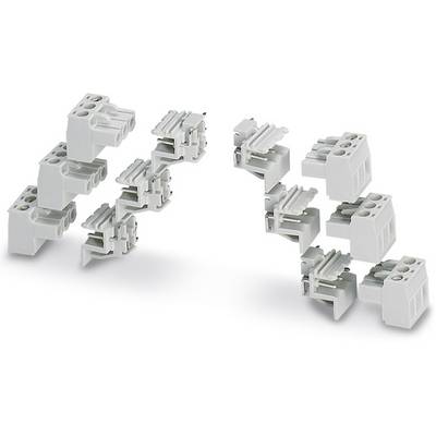 Mehrere grau-weiße Steckverbinder in unterschiedlichen Anordnungen, die für elektrische Verbindungen in Schaltungen verwendet werden können.