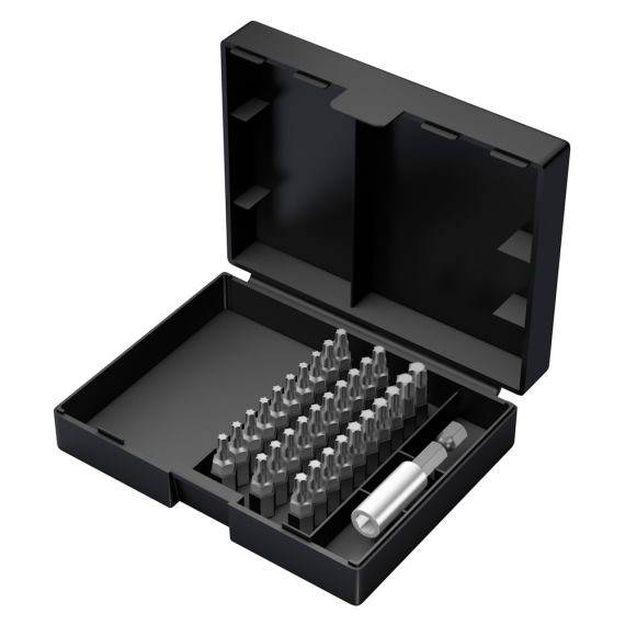 Ein schwarzes Etui mit einer Sammlung von verschiedenen Schraubendreherbits und einem Bithalter, geöffnet und sichtbar von oben.