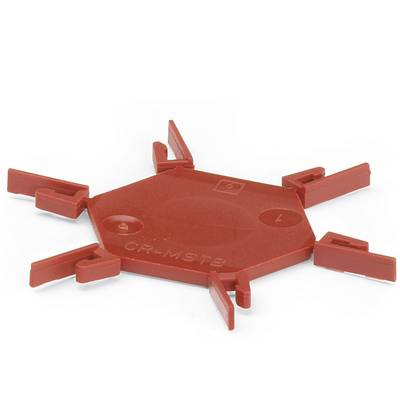 Rotes Kunststoffwerkzeug mit sechs Laschen, verwendet zum Öffnen oder Schließen von spezifischen Verschlussmechanismen.