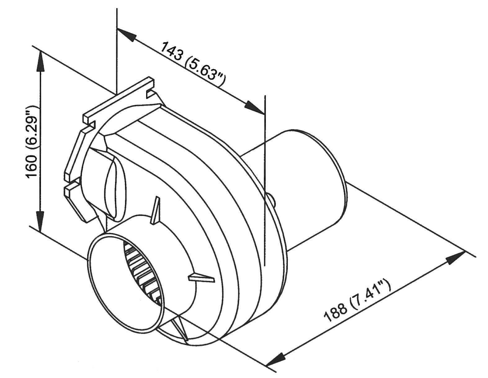 Technische Zeichnung eines Lüfters mit den Maßen: Breite 143 mm, Höhe 160 mm, Tiefe 188 mm. Maße sind in Millimetern und Zoll angegeben.