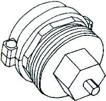 Eine detaillierte technische Zeichnung eines sechseckigen Schraubverschlusses mit Gewinde und Dichtung, dargestellt in schräger Ansicht.