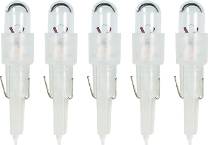 Fünf weiße LED-Lampen in einer Reihe. Jede Lampe hat eine transparente Kappe und einen Metallclip an der Seite.