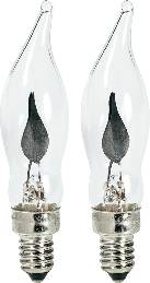 Zwei klare Glühlampen in Flammenform mit Schraubsockel, die für dekorative Beleuchtung verwendet werden.
