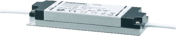 Flacher elektronischer Transformator mit schwarzem Gehäuse und weißen Symbolen. Verbindet elektrische Leitungen auf beiden Seiten.