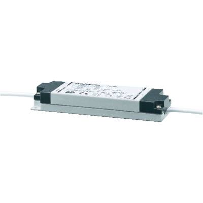 Flacher elektronischer Transformator mit schwarzem Gehäuse und weißen Symbolen. Verbindet elektrische Leitungen auf beiden Seiten.