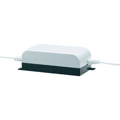 Ein leuchtender, türkisfarbener Router mit schwarzen Kabeln, die auf beiden Seiten verbunden sind. Hintergrund ist neutral gehalten.