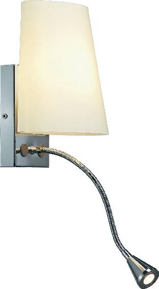 Eine Wandleuchte mit cremefarbenem Lampenschirm und flexiblem Leselichtarm in modernem Design. Design aus Metall und Stoff.