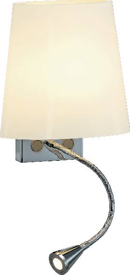 Eine Wandlampe mit einem cremefarbenen Schirm und einem flexiblen Schwanenhals-Spotlight darunter, montiert auf einer rechteckigen Metallhalterung.