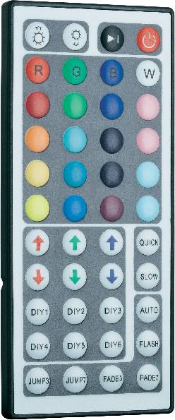 Eine Fernbedienung mit farbigen Tasten. Obere Tasten für RGB-Farben, untere für Modi wie 'QUICK', 'SLOW', 'DIY1', 'FADE3'.