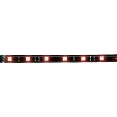 Ein LED-Lichtstreifen mit leuchtenden roten und kalten weißen LEDs in regelmäßigen Abständen, der eine lineare Anordnung zeigt.