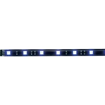 'Bild eines blauen und weißen LED-Lichtstreifens. Mehrere rechteckige LED-Lampen sind entlang des Streifens angeordnet, einige leuchten.'
