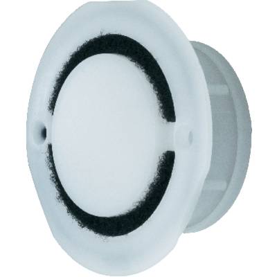 Ein runder schwarzer Knopf mit weißem Ring. Er scheint für elektronische Geräte gedacht zu sein.